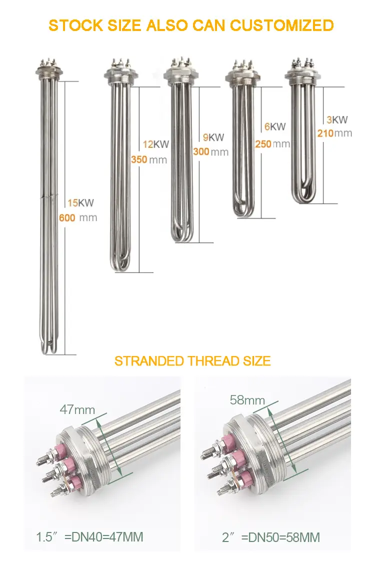 Heating Rod For Water — 3kw/6kw/9kw/12kw/15kw Electric Industrial tubular immersion water heater for Liquid heating element 2