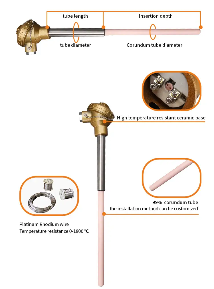 S-Type Platinum Rhodium Thermocouple — High Temperature Sensor R S B Platinum Rhodium Type Ceramic Probe Thermocouple 3